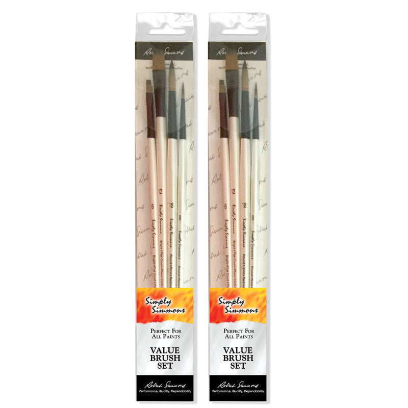 Simply Simmons Brush Set, Synthetic Bristles, Long Handle Acrylic & Oil Paintbrush, White, 4 Pieces Per Set, 2 Sets
