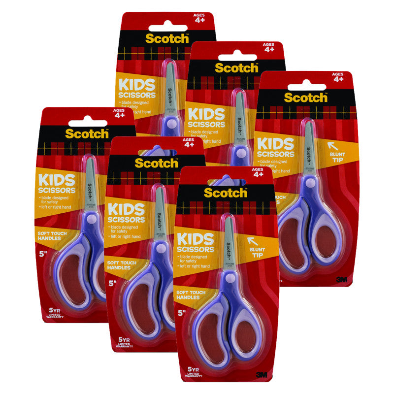 Kids 5 inch Scissors, Soft Grip Handles, Blunt, Ages 4+, Pack of 6