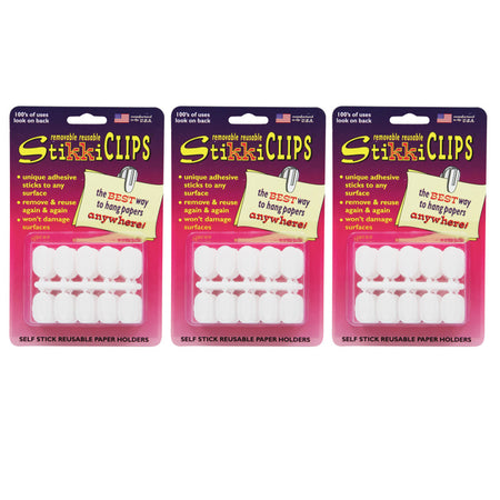 StikkiCLIPS&trade; Adhesive Clips, White, 30 Per Pack, 3 Packs