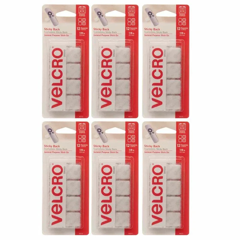 Sticky Back&trade; Square Fasteners, 7/8", White, 12 Per Pack, 6 Packs