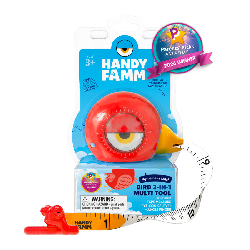 Lola the Birdâ¢ 3-in-1 Kids Red Tape Measure â 8 ft Measuring Tool with Level & Angle Finder, STEM Learning Tool for Kids Ages 3+