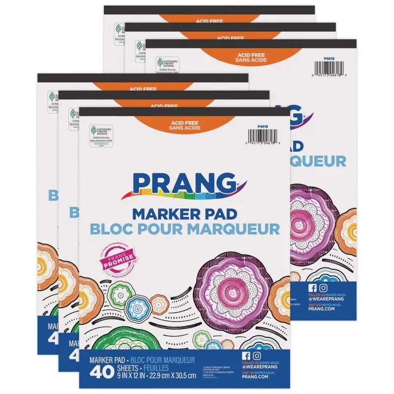 Marker Pad, White, 9" x 12", 40 Sheets, Pack of 6