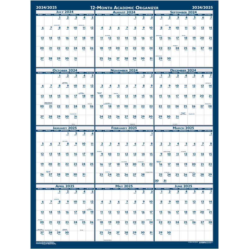 Laminated Wipe Off Wall Academic Calendar, Reversible, 18" x 24"