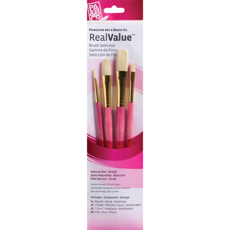 RealValue Brush Set, Natural Bristles, Short Handle Mixed Media Paintbrush, Pink, 4 Pieces