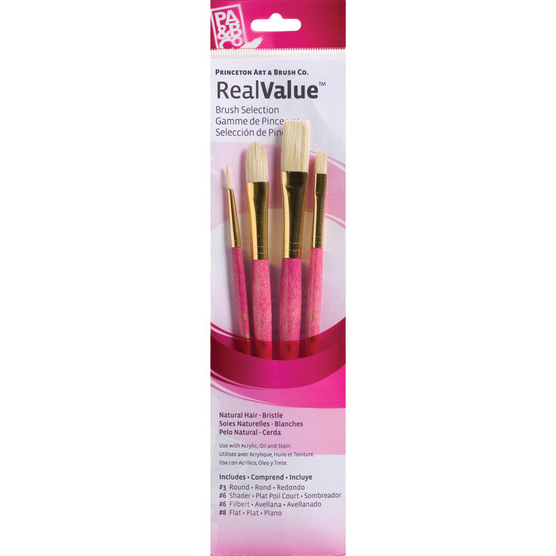 RealValue Brush Set, Natural Bristles, Short Handle Mixed Media Paintbrush, Pink, 4 Pieces