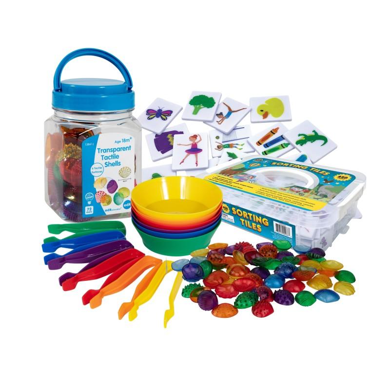 Tactile & Visual Sorting Kit, Sorting Tiles, Bowls, Tweezers & Transparent Shells