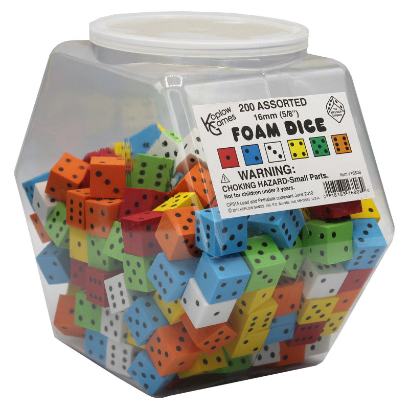 Foam Dice, 16mm, Assorted, Tub of 200