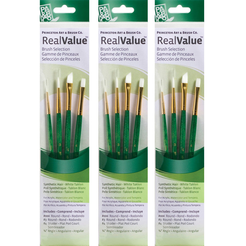 RealValue Brush Set, White Taklon Bristles, Short Handle Mixed Media Paintbrush, Green, 4 Per Set, 3 Sets