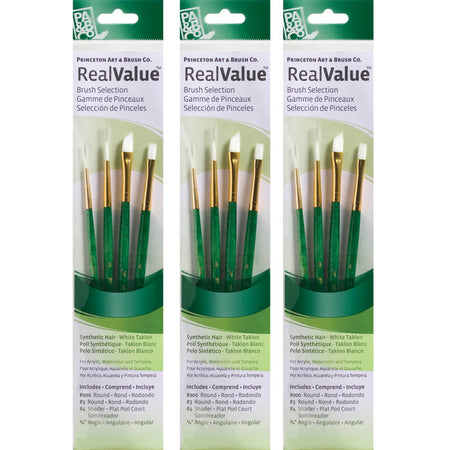 RealValue Brush Set, White Taklon Bristles, Short Handle Mixed Media Paintbrush, Green, 4 Per Set, 3 Sets