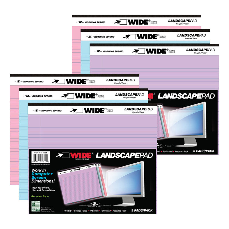 Legal Pad, Landscape, Orchid/Blue/Pink, 3 Per Pack, 2 Packs