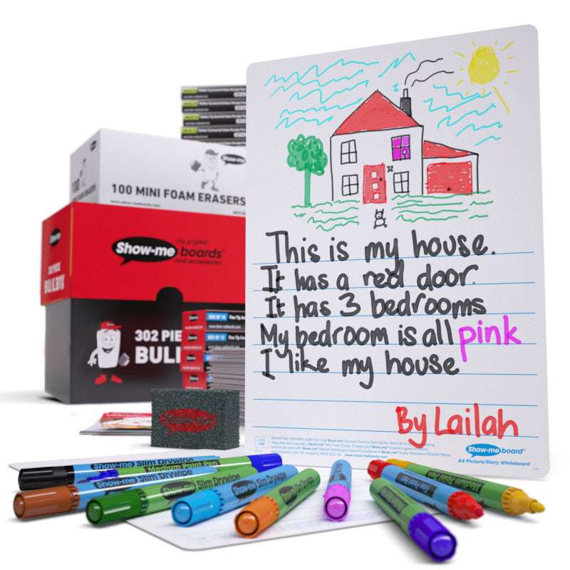 Bulk Box of 100 x A4 Picture Story Lapboards, with Pens, Erasers, Cleaner