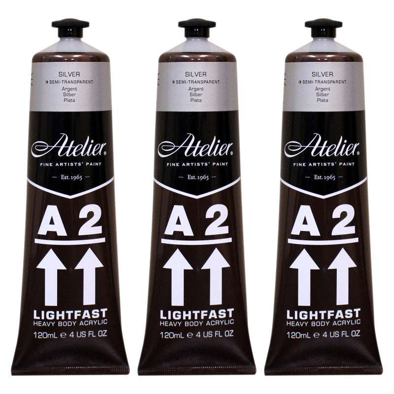A2 Heavy Body Lightfast Artist Acrylic, 4 oz., Silver, Pack of 3