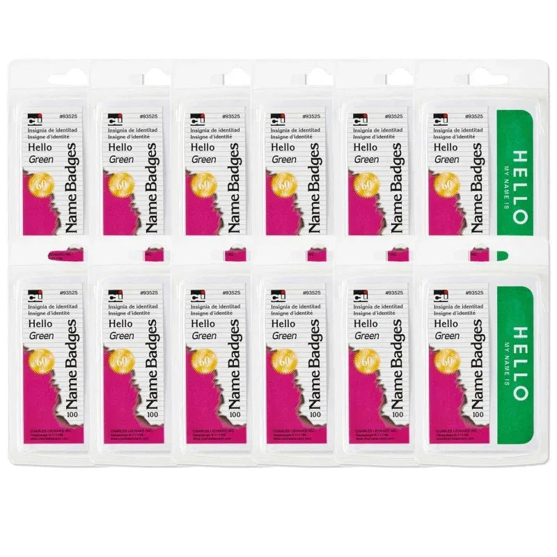 Self-Adhesive Name Badges, Hello, Green, 100 Per Pack, 12 Packs