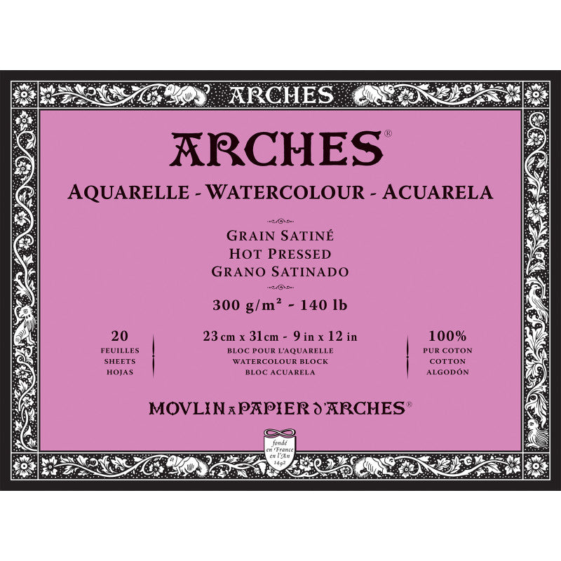 Aquarelle Watercolor Paper Block, Hot Press, Natural White, 140lb/300gsm, 20 Sheet, 9x12 inch, 1 Count