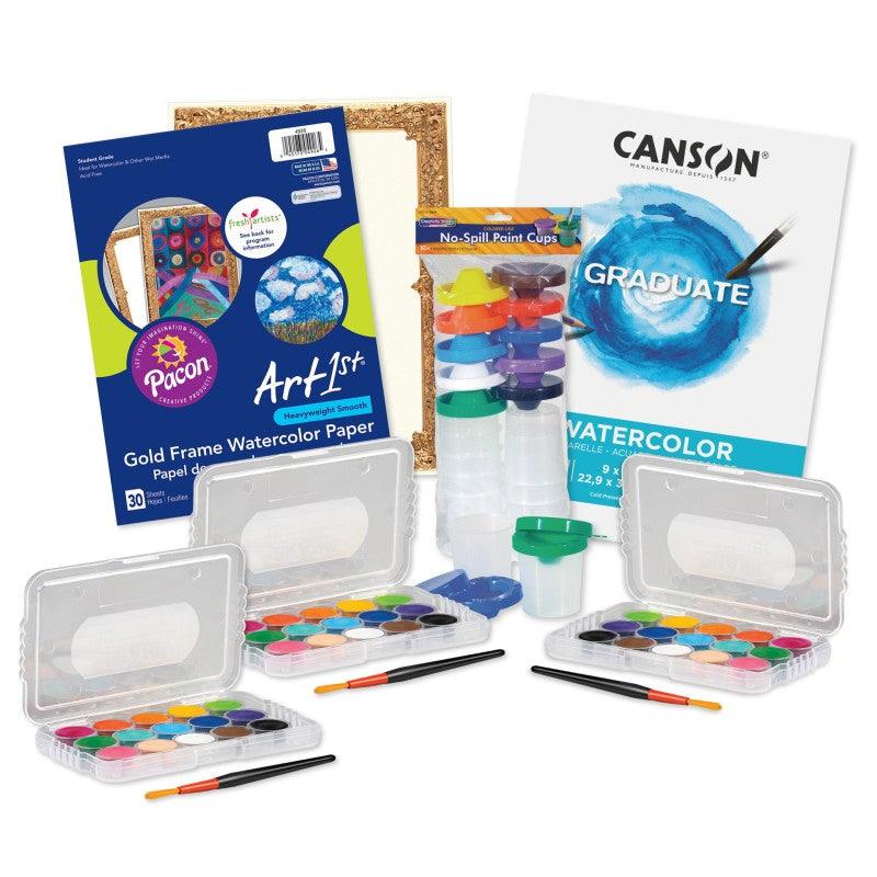 Watercolor Painting Party Kit, Mini Paint Sets, Watercolor Paper, Pads & No-Spill Cups