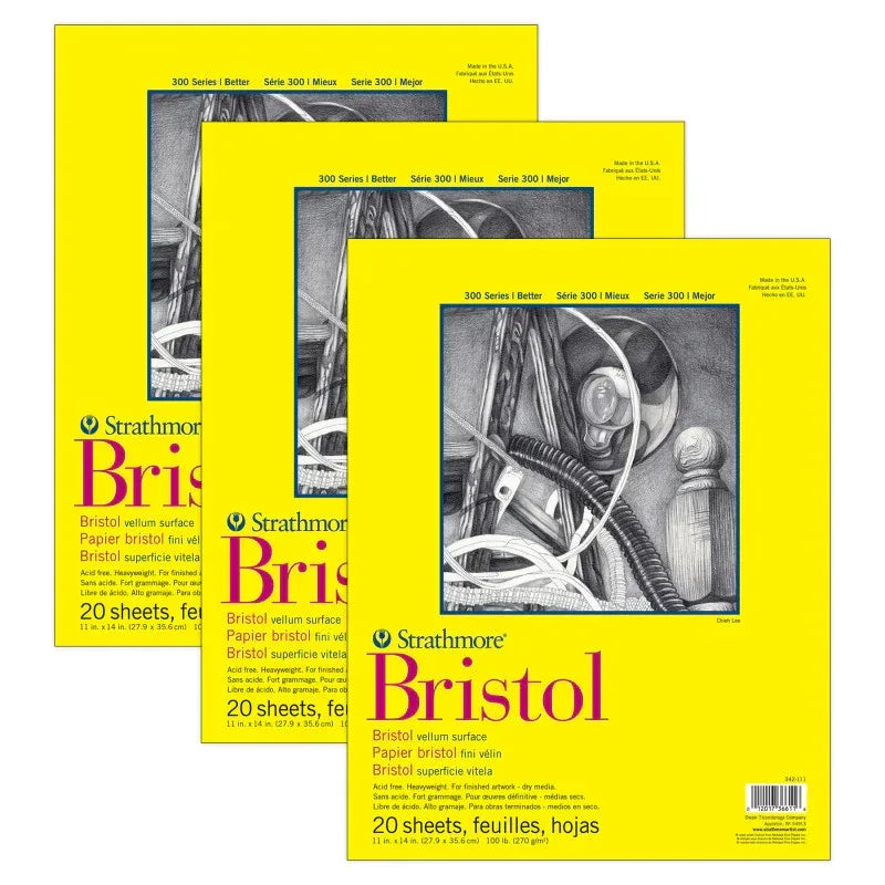300 Series Bristol Pad, Vellum Finish, Tape Binding, 20 Sheet, 11x14 inch, Pack of 3