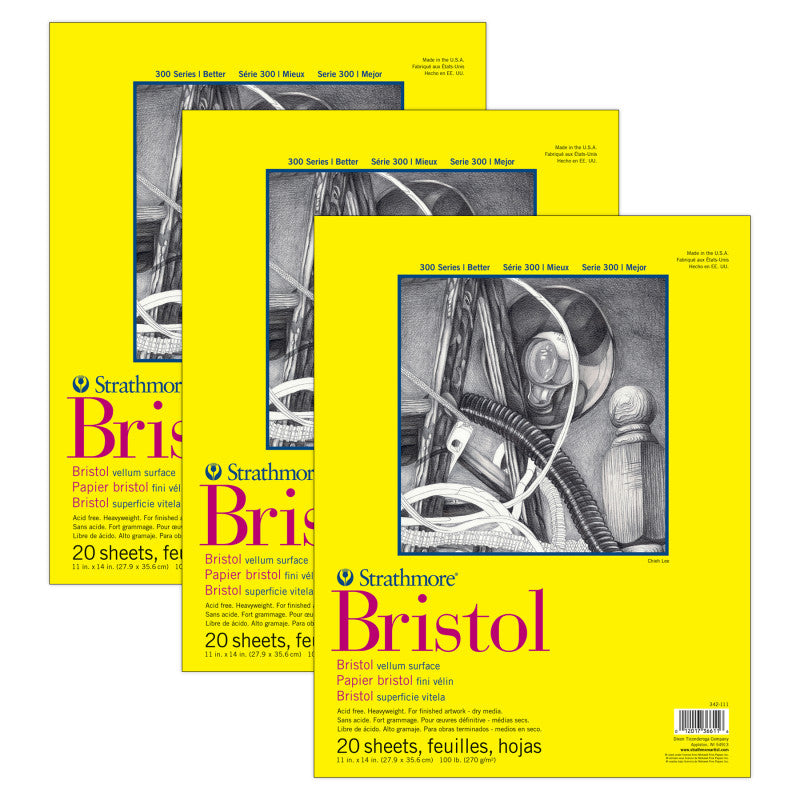 300 Series Bristol Pad, Vellum Finish, Tape Binding, 20 Sheet, 11x14 inch, Pack of 3