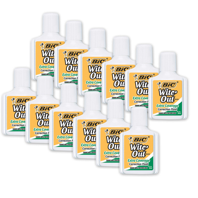 Wite Out&reg; Correction Fluid, Extra Coverage, Pack of 12