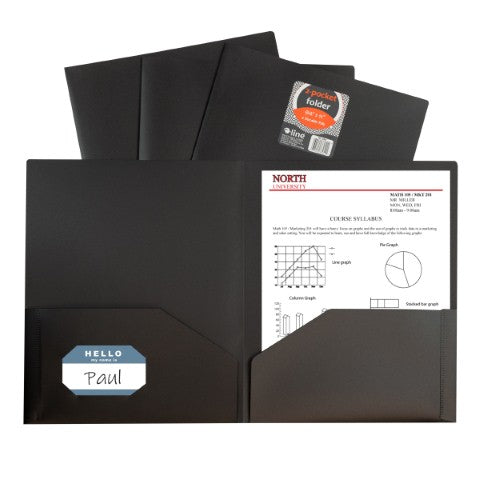 C-Line Black Two-Pocket Poly Portfolio Folder Without Prongs, Box of 25