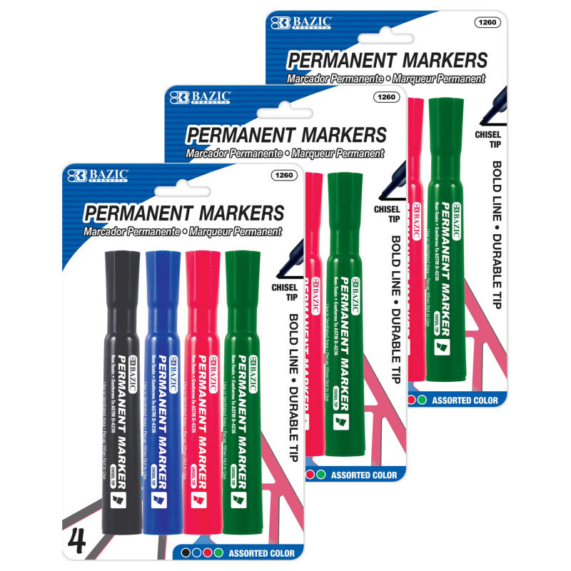 Desk Style Permanent Markers, Chisel Tip, Assorted Colors, 4 Per Pack, Pack of 3