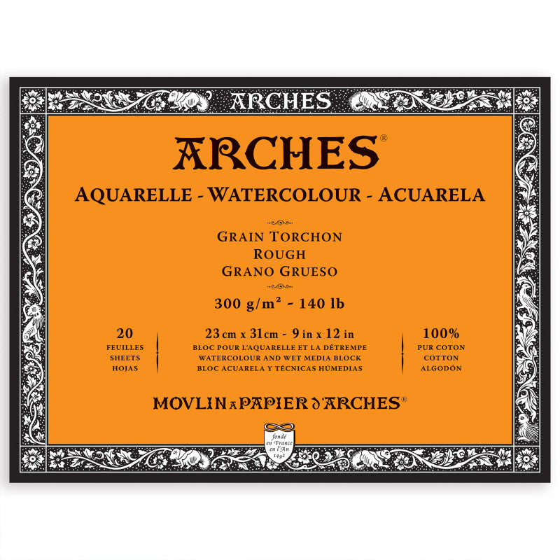 Arches Aquarelle Watercolor Paper Block, Rough, Natural White, 140lb/300gsm, 20 Sheet, 9x12 inch, 1 Count