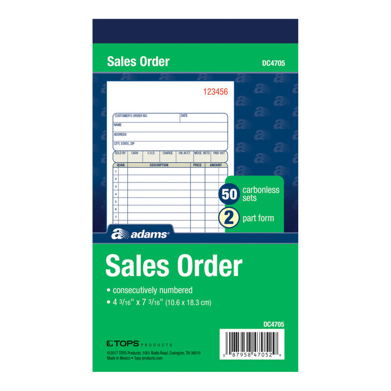 Carbonless Sales Order Book, 2-Part White and Canary Sets, 4-3/16 x 7-3/16 in., 50 Sets