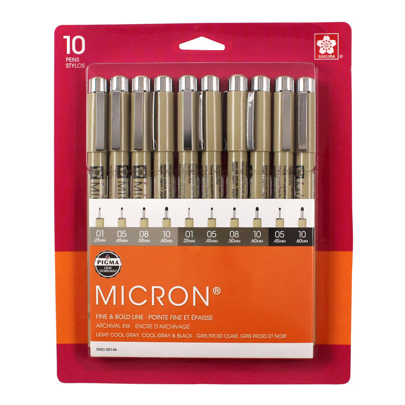 Pigma Micron Pens, Black & Grays, Assorted Sizes, 10-Piece Set, Blister Card