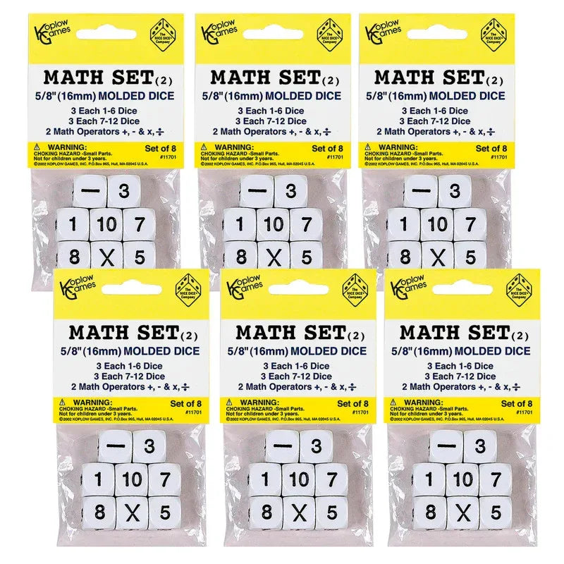 Whole Number Dice Set, 8 Per Pack, 6 Packs