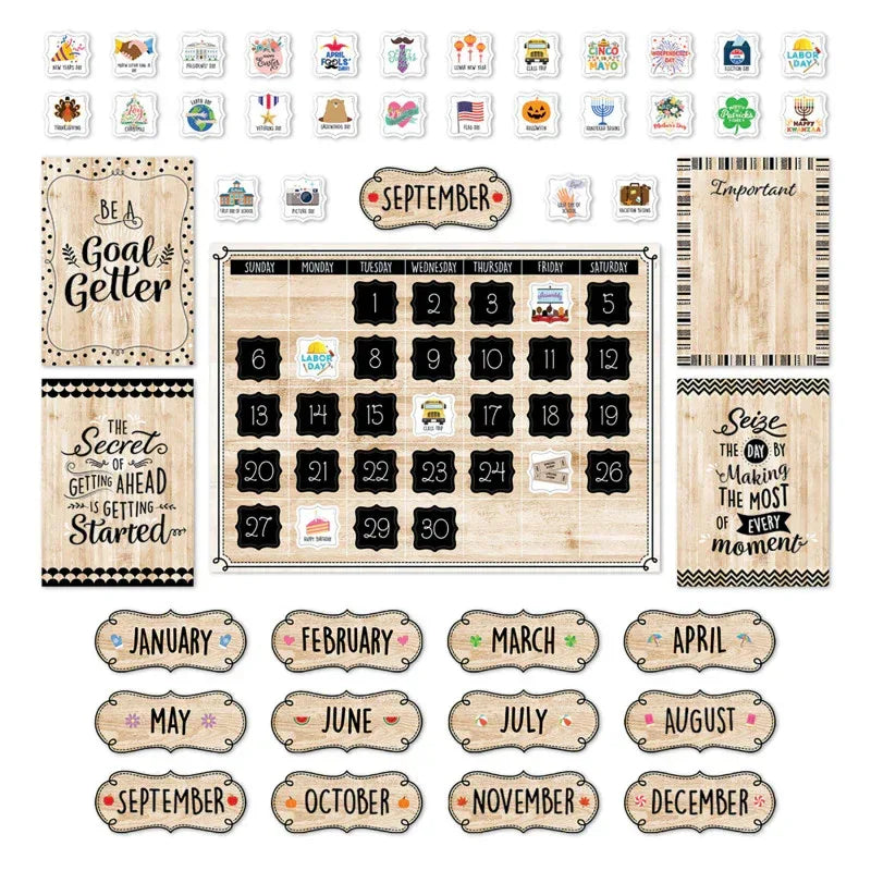 Black, White, and Wood Calendar Set Bulletin Board Set, 87 Pieces