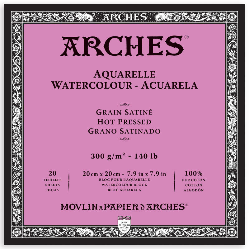 Aquarelle Watercolor Paper Block, Hot Press, Natural White, 140lb/300gsm, 20 Sheet, 7.9x7.9 inch, 1 Count