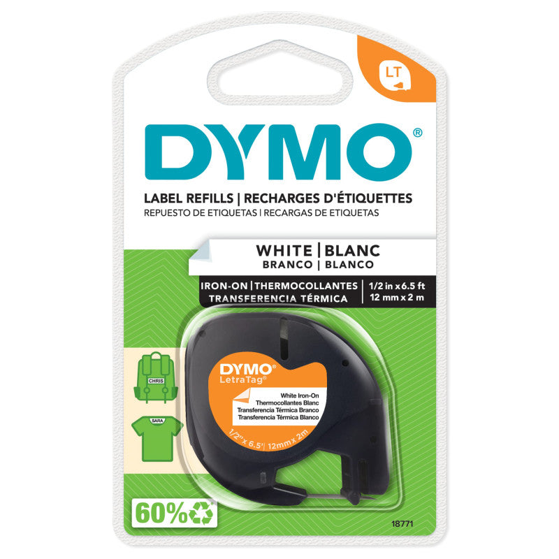 DYMOÂ® LT Iron-On Fabric Labels for LetraTag Label Makers, Black Print on White Labels, 1/2-Inch x 6-1/2-Foot Roll, Iron On