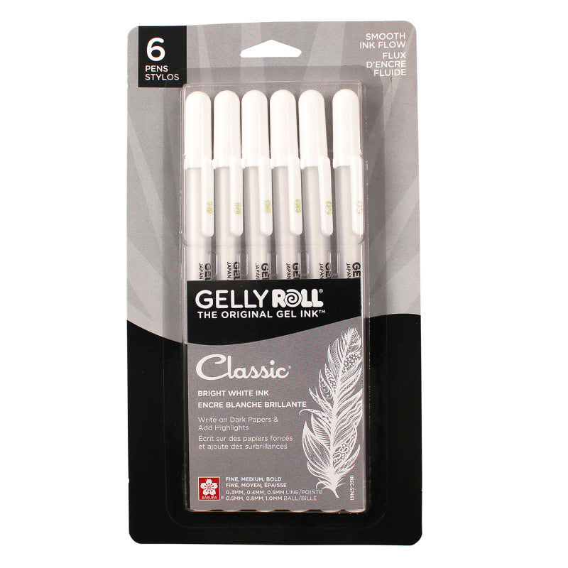Classic Gel Pens, Assorted Sizes, White, 6-Pack, Blister Card