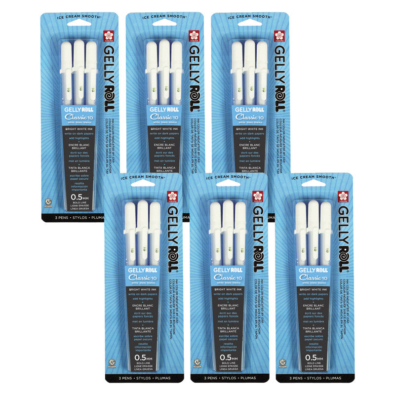 Gelly Roll Classic Gel Ink Pens, 10 Bold, White, 3 Per Pack, 6 Packs