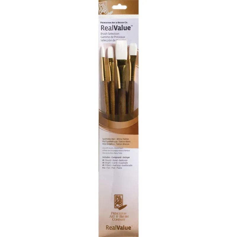 RealValue Brush Set, White Taklon Bristles, Long Handle Mixed Media Paintbrush, Brown, 4 Pieces