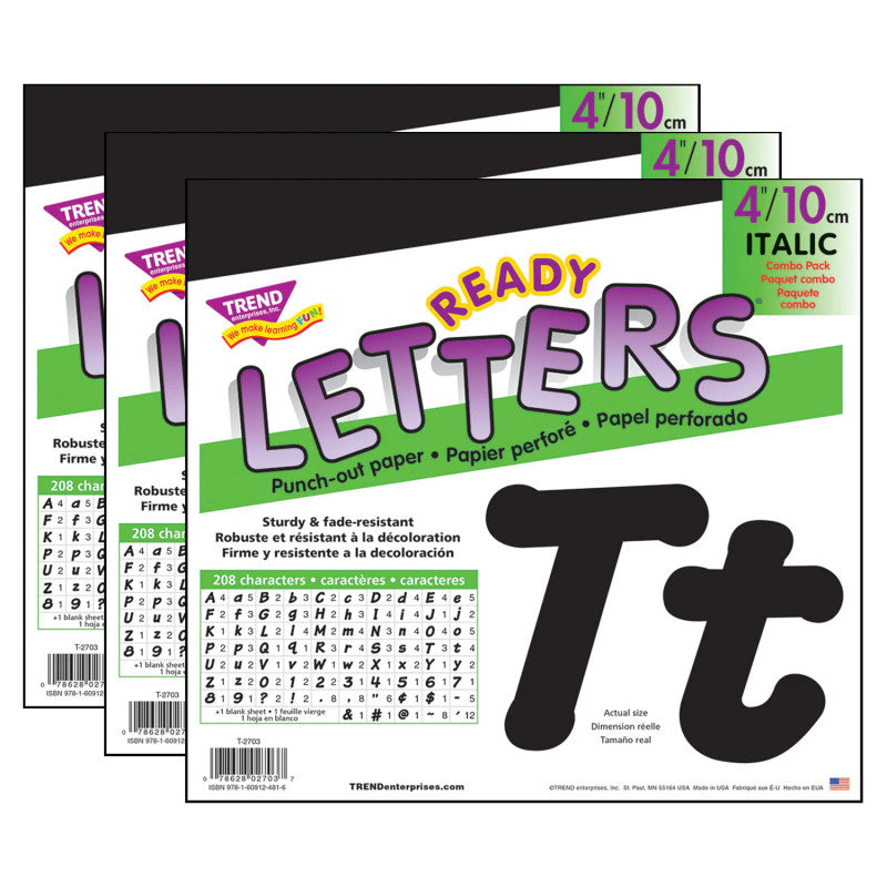 Black 4-Inch Italic Uppercase/Lowercase Combo Pack (EN/SP) Ready Letters&reg;, 193 Per Pack, 3 Packs