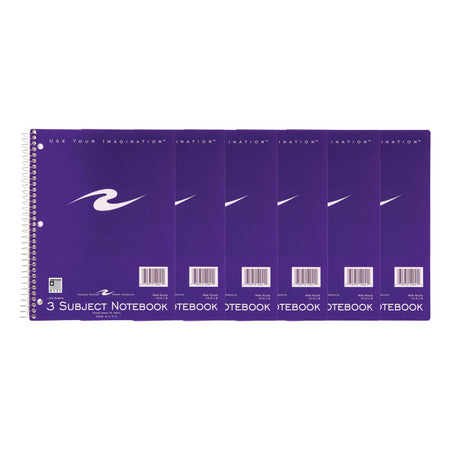 Spiral Notebook, 3-Subject, 120 Pages, Pack of 6