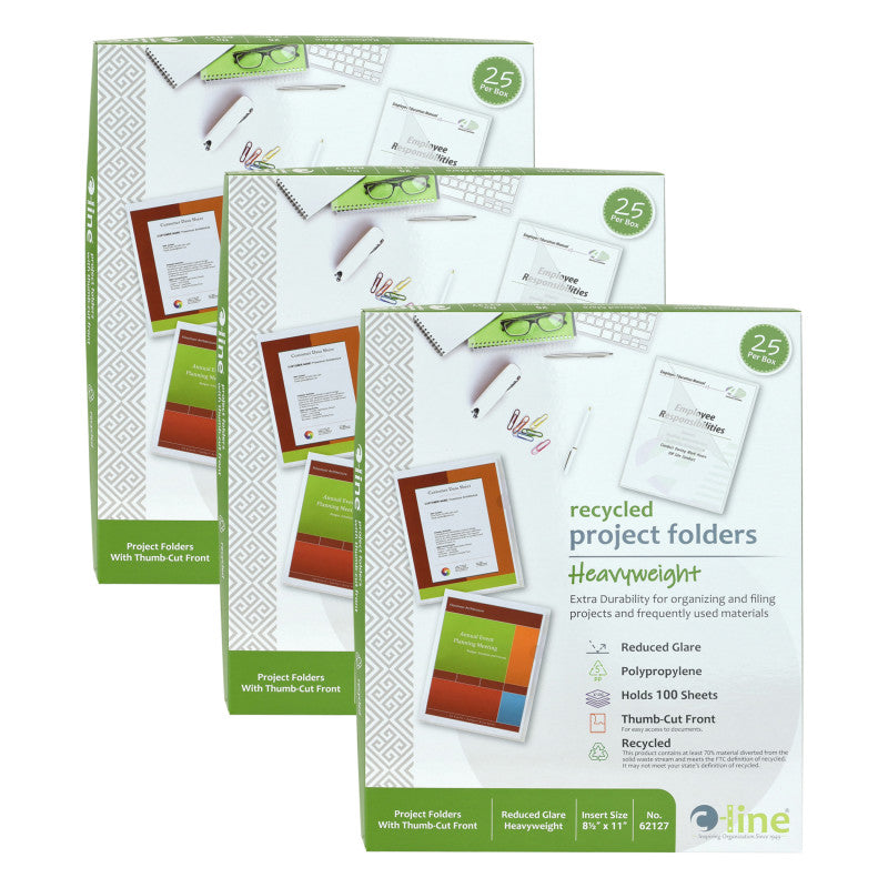 Recycled Poly Project Folders, Clear, Reduced Glare, 11" x 8-1/2", 25 Per Box, 3 Boxes