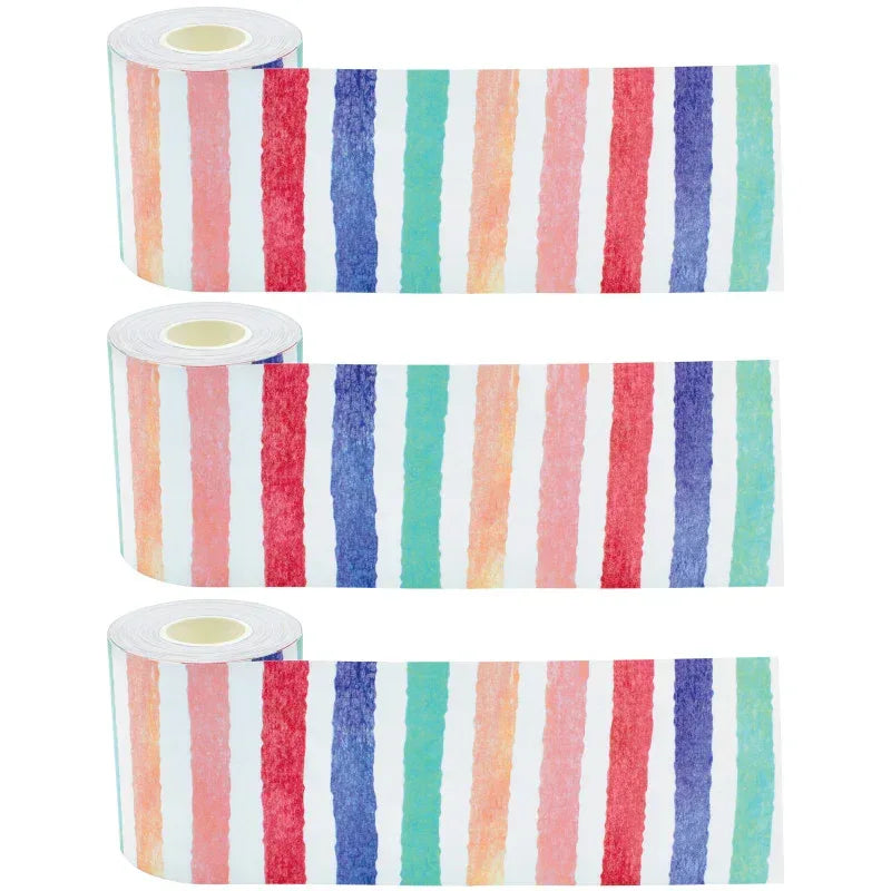 Watercolor Stripes Straight Rolled Border Trim, 50 Feet Per Roll, Pack of 3