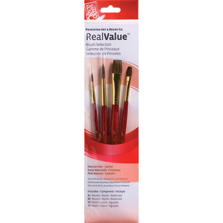 RealValue Brush Set, Camel Bristles, Short Handle Mixed Media Paintbrush, Red, 4 Pieces