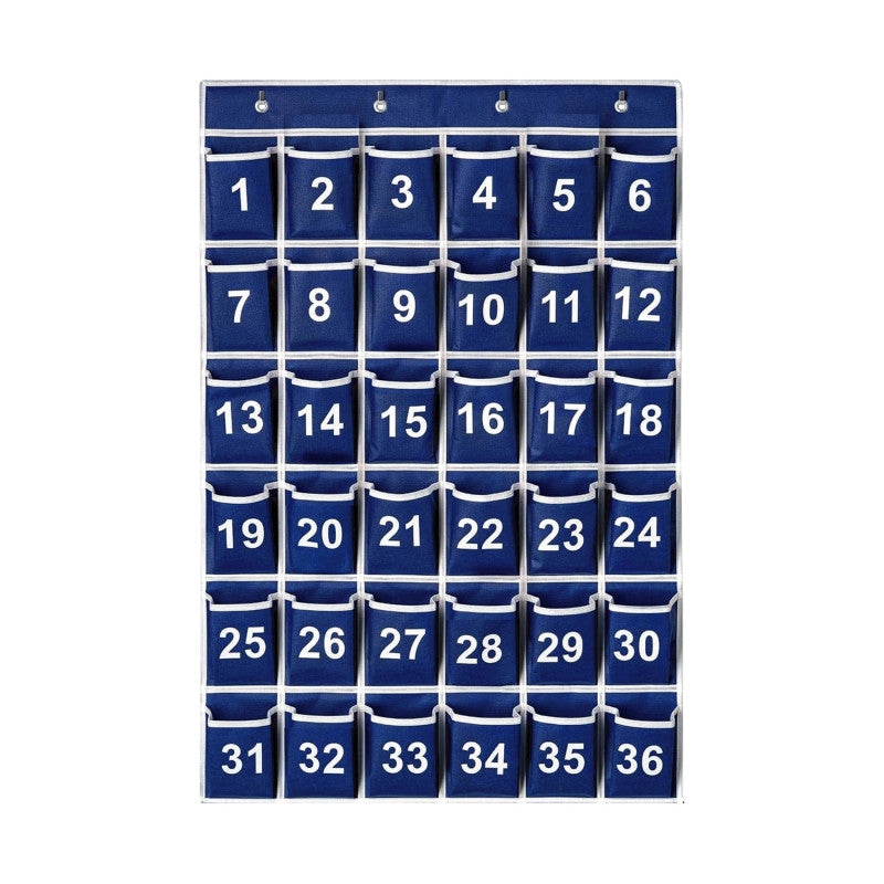 Hanging Classroom Cell Phone Organizer, 36 Numbered Pockets, Wall & Door Storage Holder, Blue/White Trim