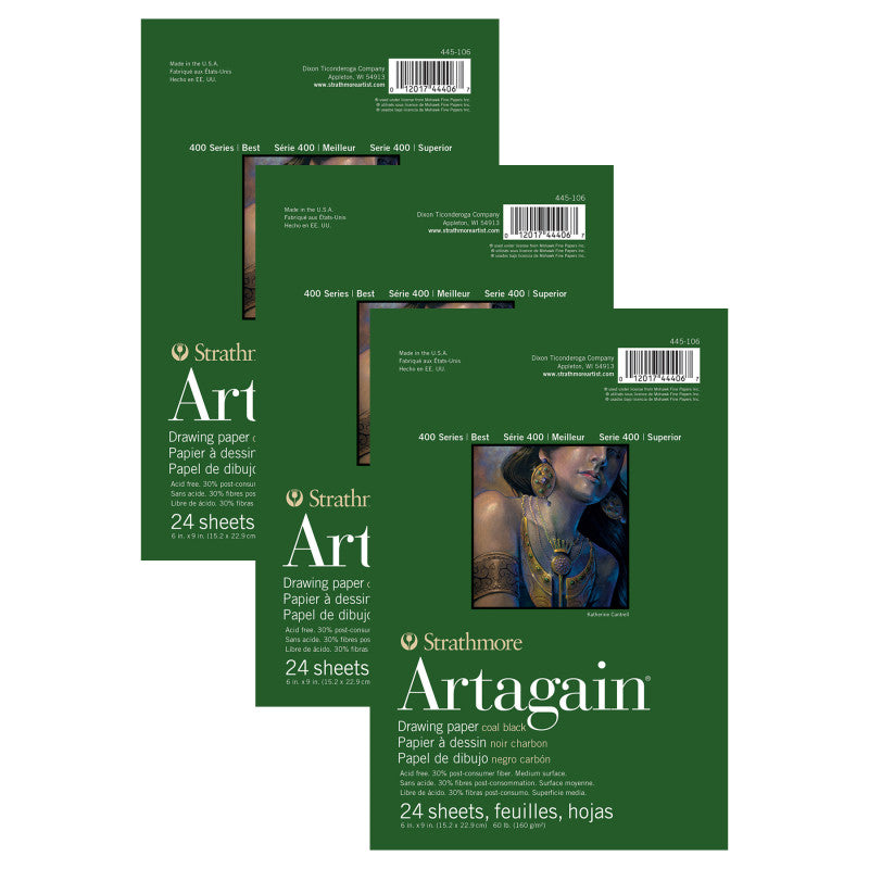 400 Series Artagain Pastel & Drawing Paper Pad, Coal Black, Glue Binding, 24 Sheet, 6x9 inch, Pack of 3