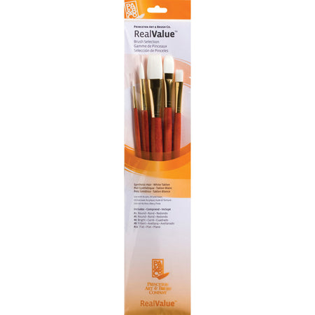 RealValue Brush Set, White Taklon Bristles, Long Handle Mixed Media Paintbrush, Orange, 5 Pieces