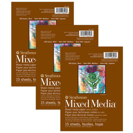 400 Series Mixed Media Pad, Glue Binding, 15 Sheet, 6x8 inch, Pack of 3