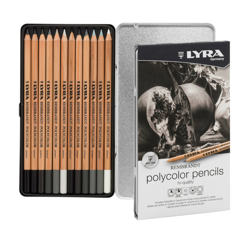 Rembrandt Polycolor Colored Pencil Set Tin, Gray Tones, Assorted Colors, 12 Pieces