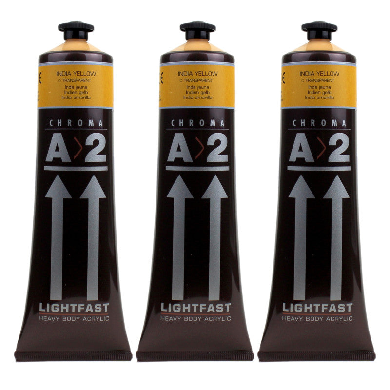 A2 Heavy Body Lightfast Artist Acrylic, 4 oz., India Yellow Hue, Pack of 3