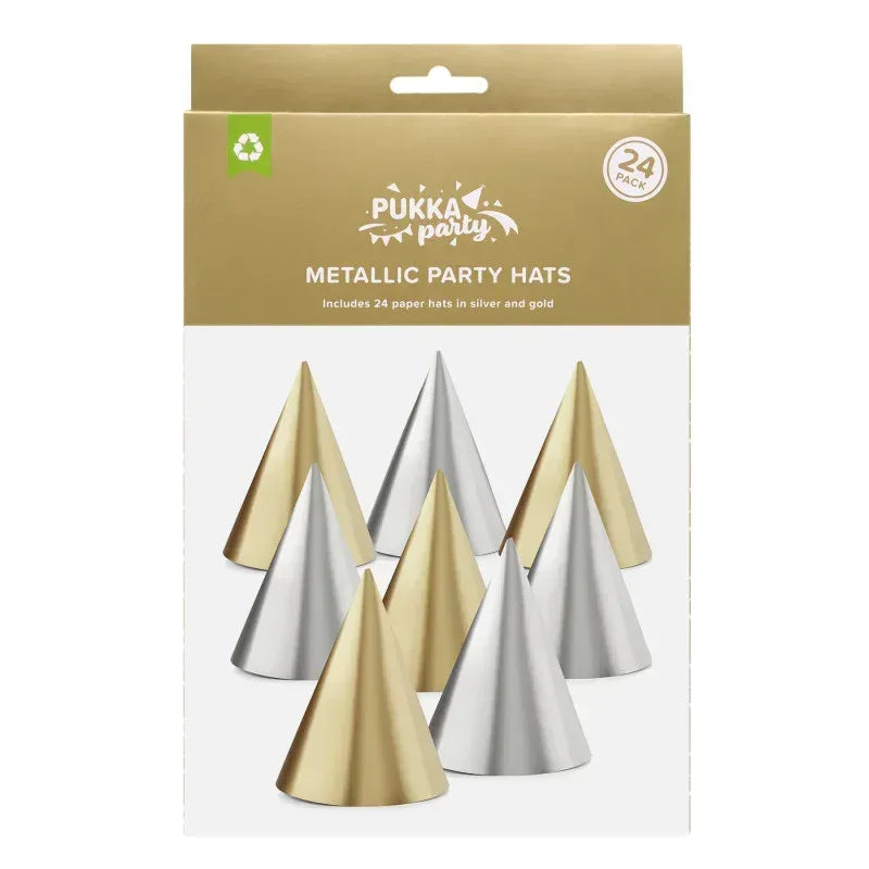 Metallic Silver & Gold Party Hats, 24 Pieces