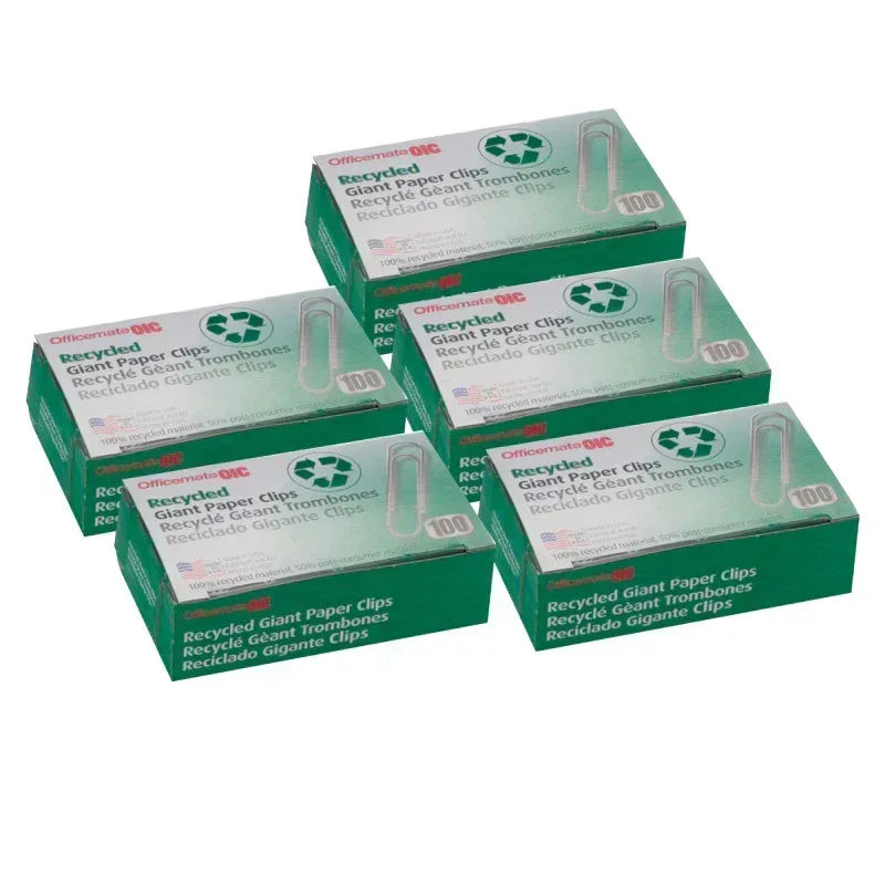 Recycled Paper Clips, Giant Gem, 100/Box, 5 Boxes
