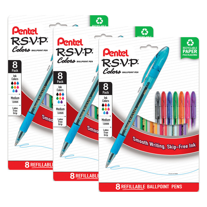 R.S.V.P. Colors Ballpoint Pen, (1.0mm), Assorted Ink, 8 Per Pack, 3 Packs