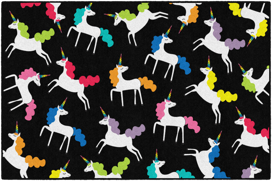 UNICORNS ALL OVER BLACK RECTANGLE CARPETS 5' X 7'6"