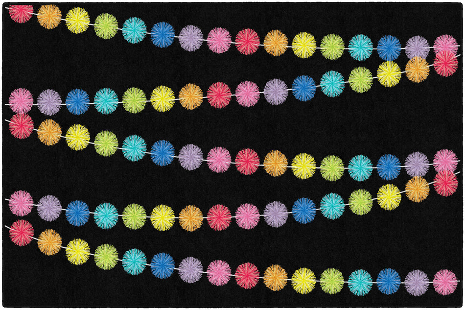 RAINBOW POMS ON BLACK RECTANGLE CARPETS 5' X 7'6"